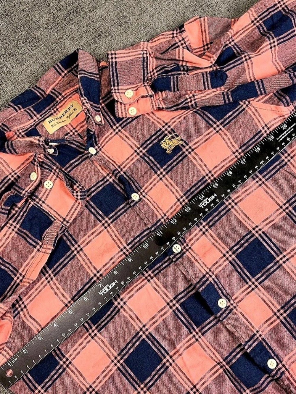 Vintage Burberry Men XL Plaid Button Up Pink Navy 100% Cotton Equestrian Knight - Picture 10 of 13